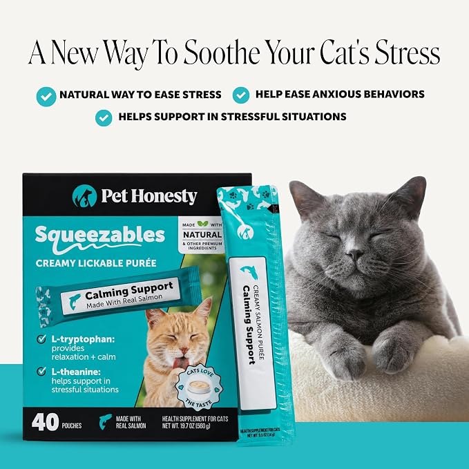Cat Calming Lickable Treats for Anxiety Relief - Squeezable Calming Puree Pouches for Cats - Feline Stress Relief Behavior Support for Travel, Vet Visits, Grooming, & Separation (Salmon, 40 Ct)