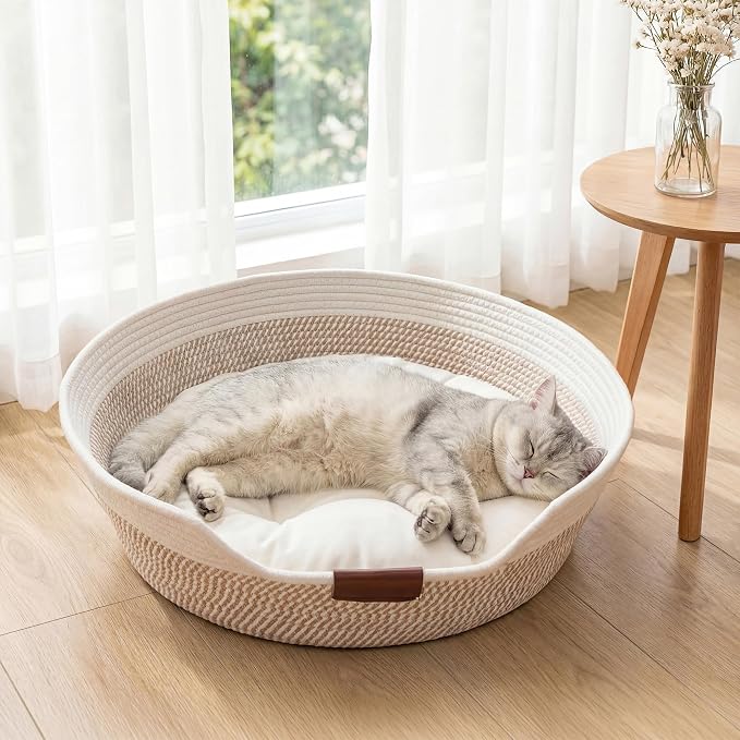 YOUDENOVA Cat Bed Basket with Removable Cushion,Stimulicat Handwoven Cat&Dog Basket,Cat Beds for Indoor Cats Couch, Kitten Bed for Medium and Large Cat, All Season Universal