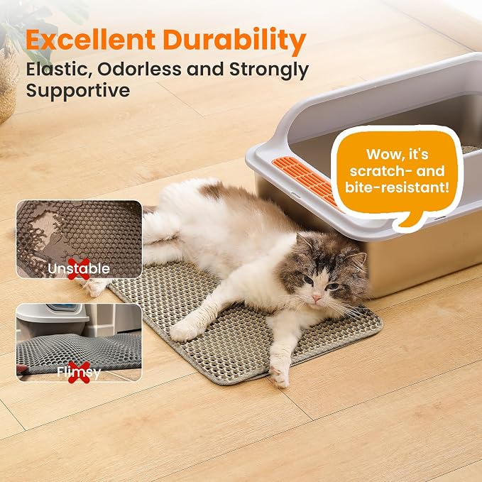 Small Cat Litter Mat, Double Layer Honeycomb Litter Box Mat | 20x14”, Reduces Litter Tracking, Waterproof, Non-Slip, Soft on Paws, Scratch Resistant, Easy to Clean, Beige