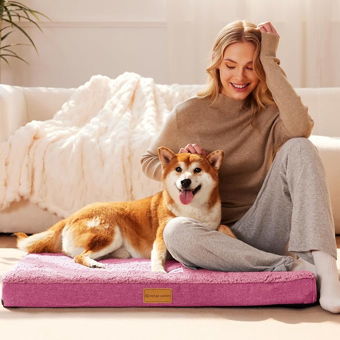 Patas Lague Orthopedic Large Dog Bed Washable Pet Sofa Mat 56''X40'' Pink | Egg-Crate Foam Dog Couch For Large Sized Dogs, Waterproof Removable Cover, Soft Pet Crate Bed With Nonskid Bottom