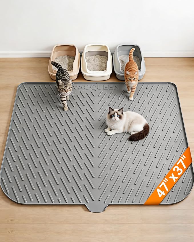 Cat Litter Mat, 47"x37" Extra Large Litter Box Mat, Silicone Mat, Gray | XXL Waterproof Litter Trapping Mat for Scatter Control, Soft on Cat Paws Non-Slip Easy to Clean