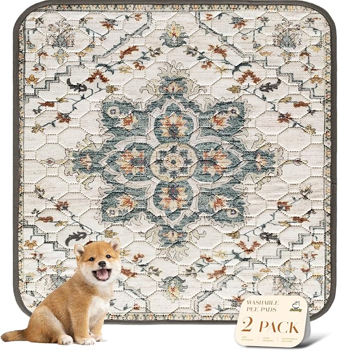 nunubaby Washable Pee Pads for Dogs, Stylish, Non-Slip and Leak-Proof Pee Pads. Reusable Potty Pads for Dogs for Crates and Floors.(Beige/Floral, 48" x48")