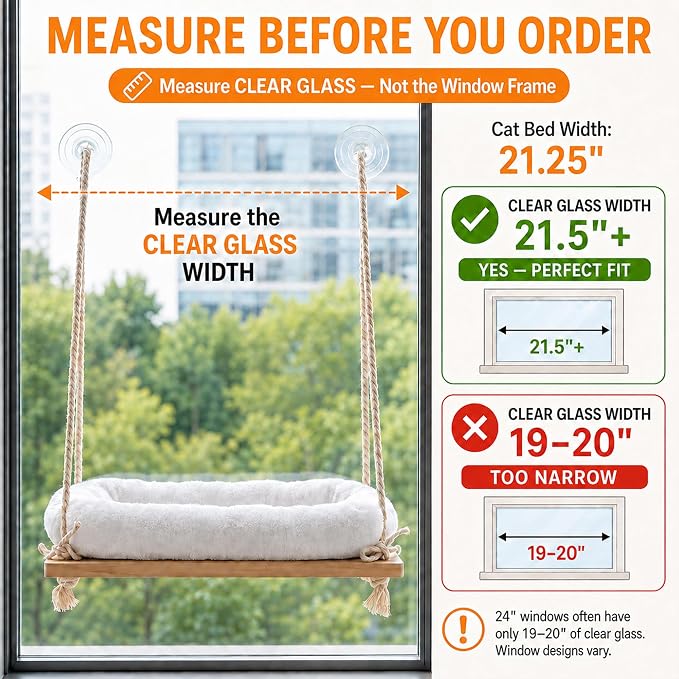 Cat Window Perch Hammock with Solid Wood Seat & Plush Cushion | 4 heavy-duty suction cups, comfortable indoor cat bed & perch, sturdy wooden window seat, space-saving cat hammock