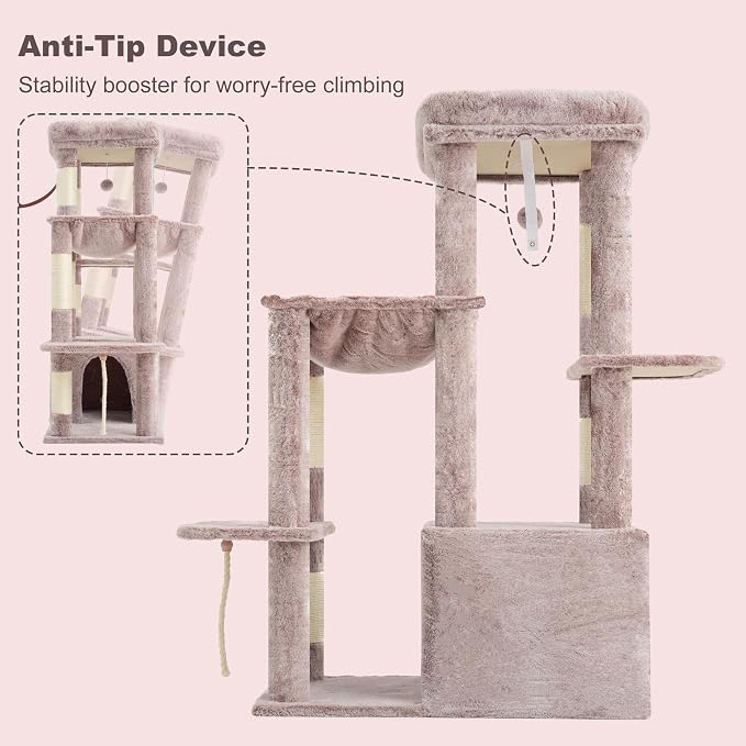 Heybly Heavy Duty Cat Tree with Large Base for Large Indoor Cats HCT026MU | Cat Tower with Scratching Posts, Tall Cat Condo House , Multi-Level Plush Furniture with Hammock & Toy Balls, Rosy Brown
