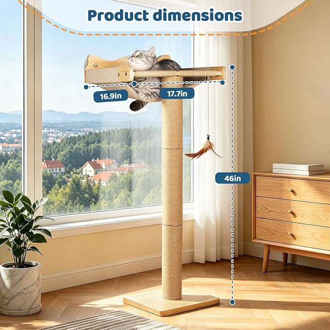 Cat Window Perch Hammock with 3-Piece Detachable Sisal Scratching Posts, Drill-Free Suction Cup Mount, Multi-Level Climbing Perch for Bird Watching, 45 LBS Capacity