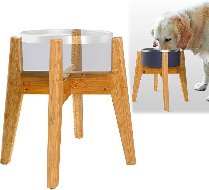 Dog Bowl Stand for Mid-Large Dogs | Adjustable, Bamboo, 12-inch High | Use to Elevate, Raise Pet Food Water and Slow Feeder Bowls, Expandable with Locking Option, Non-Slip Feet, Stand Only