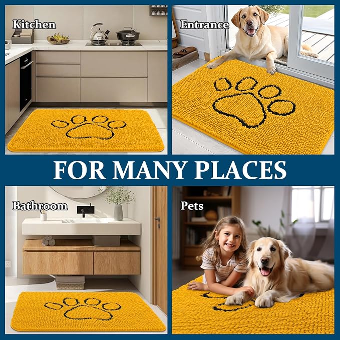 OLANLY Dog Door Mat for Muddy Paws 30x20, Paw Print Design Chenille Mud Mat | Golden Yellow, Absorbent, Traps Moisture and Dirt, Non-Slip Washable Doormat, Quick-Dry Indoor Entryway Floor Carpet for Dogs