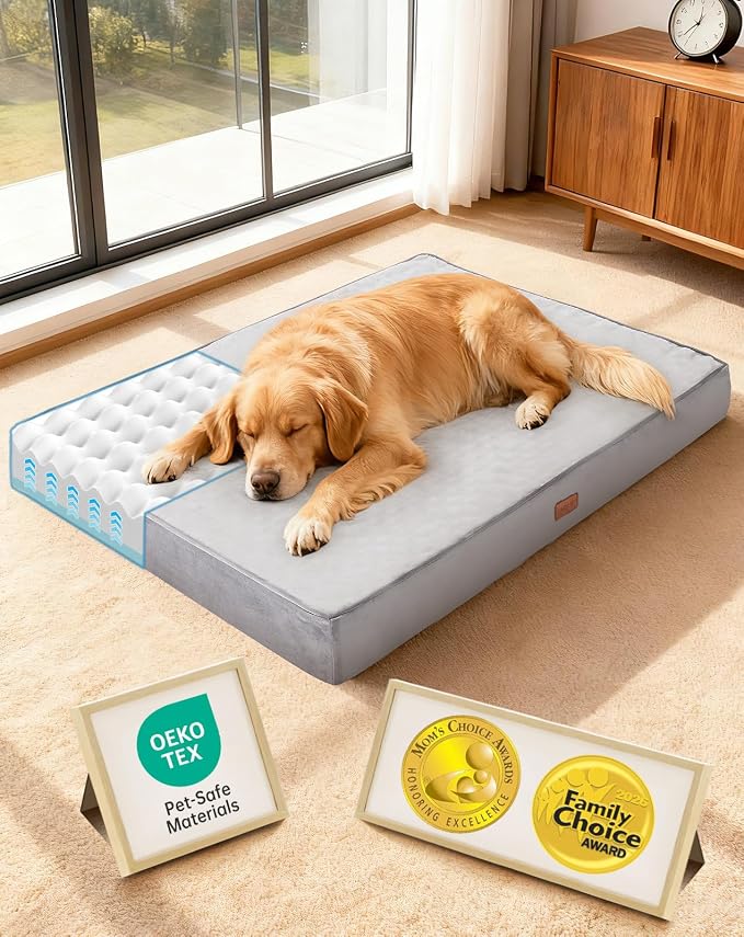 OhGeni Orthopedic Waterproof Dog Bed for Large Dogs, Machine-Washable Removable Cover in Easy-Clean Fabric, Reversible Memory Foam & Easy-Carry Handle, Wider and Larger, 44 inch (Gray)