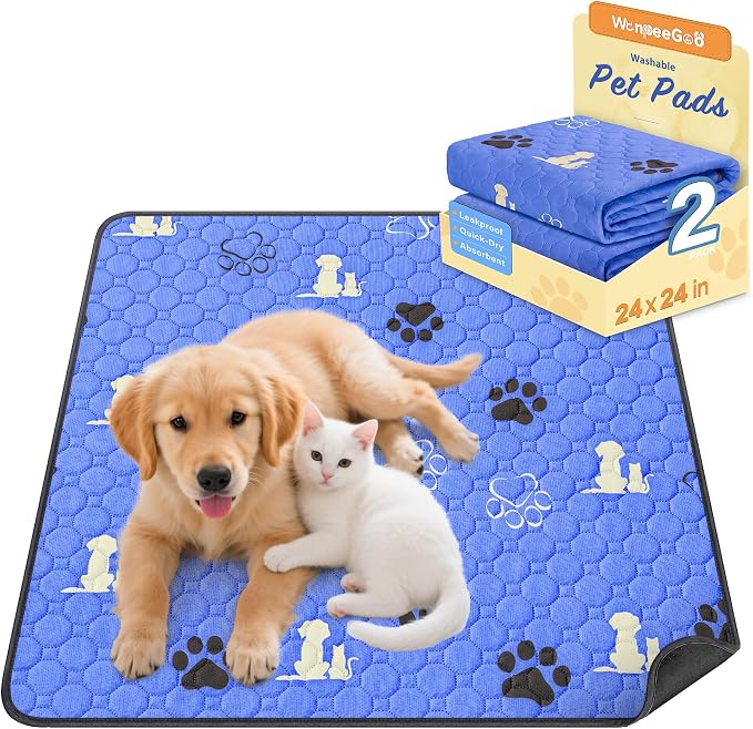 WanpeeGoo Washable Pee Pads for Dogs, Waterproof, 24 x 24 in, 2 Pack, Blue | Super Absorbent, Waterproof and Non-Slip; Washable, Reusable Dog Pads for Crates, Playpens, Floors, Furniture and Travel