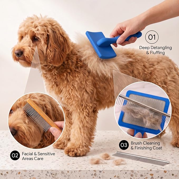 Wooden Long Pin Slicker Brush for Large Dog, Poodles & Doodles Long Hair | Grooming, Fluff & Detangle Heavy Dense Wavy Curly Coats to Easily Prevent Severe Hair Matting During Shedding Seasons