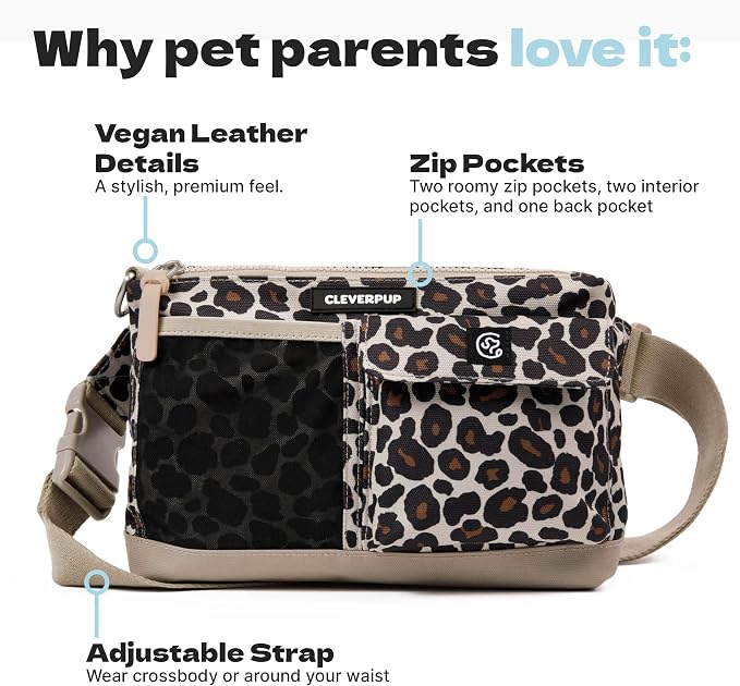 Walk & Train 2-in-1 Dog Walking Bag - Hands-Free Training Crossbody Sling & Fanny Pack with Treat Pouch, Poop Bag Holder, Phone Pockets - Adjustable Waist or Shoulder Strap - Leopard