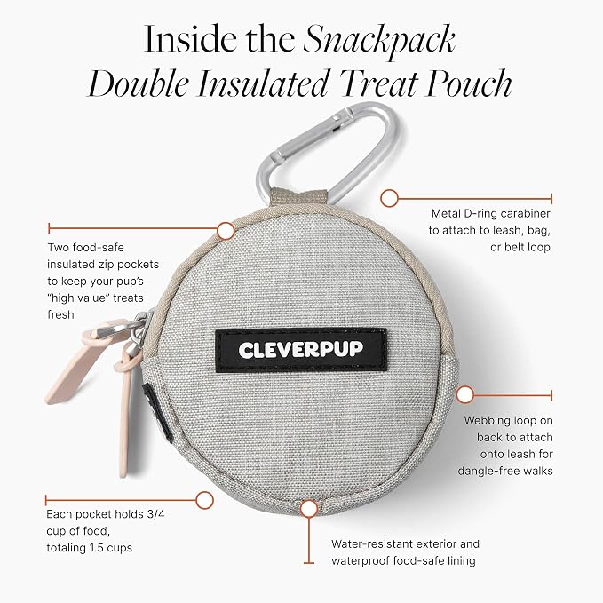 Snackpack Double Insulated Dog Treat Pouch – 1.5 Cup Capacity, 2 BPA-Free Waterproof Zipper Pockets, Carabiner for Belt/Leash – Compact Training & Travel Bag – Sand