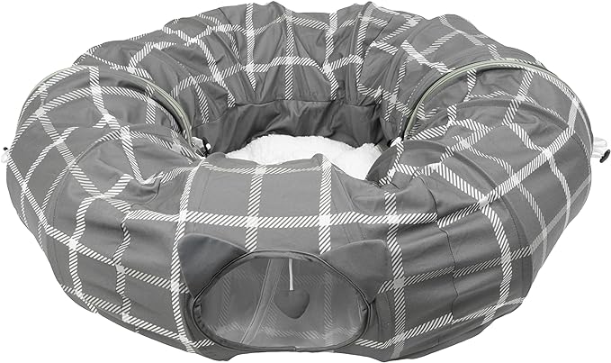 Kitty City Large Cat Tunnel Bed, 2-in-1 Zip-Together Cat Play Tunnel & Plush Nap Bed, Pop-Up Indoor Cat Toy with Hanging Toys, Collapsible Design - Grey