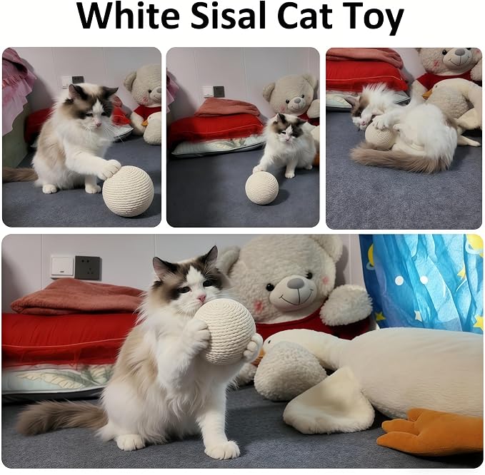 4-Inch Sisal Cat Toy Balls with Crinkle Sound | Indoor Cat Toys for Teething, Claw Sharpening & Play | Large Size Prevents Rolling Under Furniture(White)