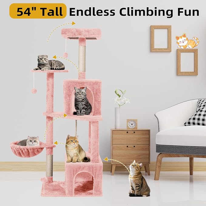 Cat Tree 54-Inch Cat Tower with Padded Plush Perch 2 Comfy Caves, Scratching Posts, Basket, 2 Pompoms, Multi-Level Plush Cat Condo for Indoor Cats Kittens, Pink