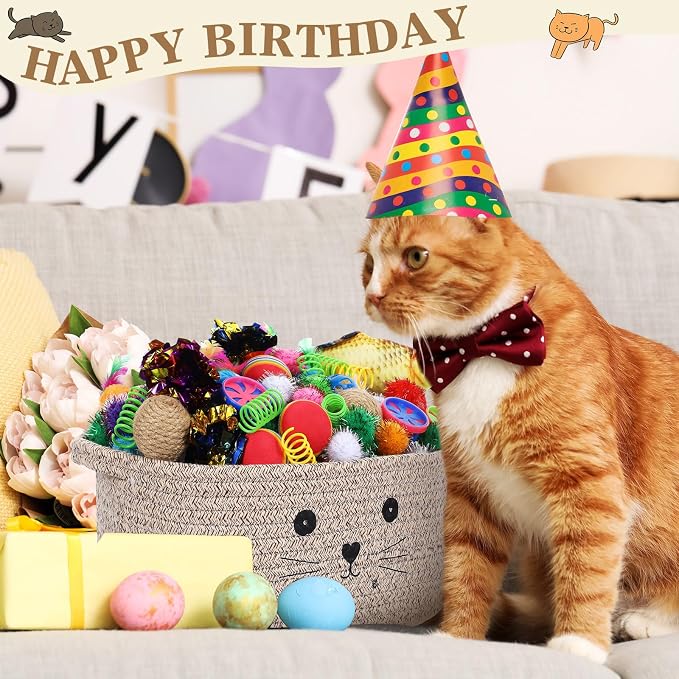 Zopeal 58 Pcs Summer Cat Storage Basket Gift Toys Set, Colorful Flashing Balls Pet Bell Crinkle Balls Spring Toys Attract Cat to Swat, Hunt, Interactive for Pet(Dark Brown,12 Inch)