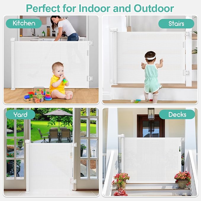 55 inch Retractable Baby Gates, EZIGO Extra Wide Baby Gate for Large Opening Extra Long Mesh Gate for Kids or Pet Dog Gate Child Safety Gate for Stairs Hallways Doorway Indoor Outdoor, White