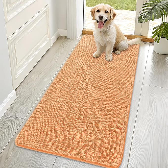 OLANLY Dog Door Mat for Muddy Paws 70x35, Super Absorbent Chenille Mud Mat | Orange, Absorbs Moisture and Dirt, Non-Slip Machine Washable Doormat, Quick-Drying Indoor Entryway Floor Carpet for Dogs