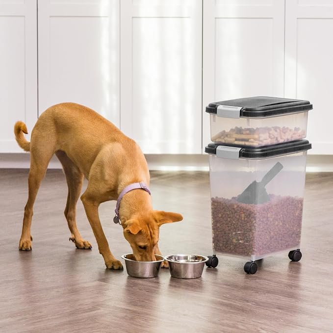 IRIS USA 30 lb + 11 lb Airtight Pet Food Storage Containers with Wheels | Stackable Pet Food Plastic Storage Bins with Wheels for Cat and Dog Food, Made in USA