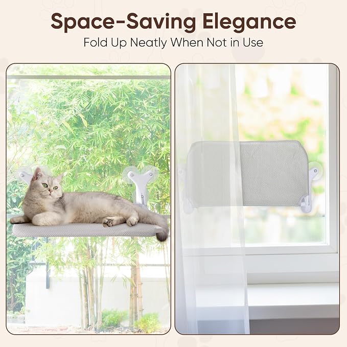 Cat Window Perch, Foldable Hammock Bed with 6 Strong Suction Cups, Cordless Indoor Pet Seat, Washable Fabric, Gray
