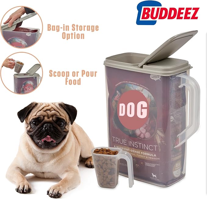 Buddeez Pet Food Storage Container - 8 Quart Capacity Dog / Cat Food & Bird Seed Container with Durable EZ Grip Handle, Flip Gray Lid (includes 1 Cup Clear Scoop)