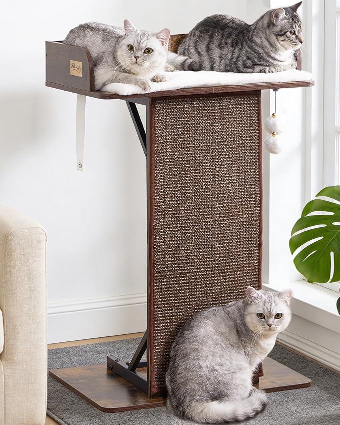 Modern Wood Cat Tree Tower for Indoor Large Adult Cats with Big Perch Bed | 33.8in Tall Wooden Cat Trees with Platform, Cat Scratching Pads, Washable Cushions, Cat Furniture for Window, Rustic Brown