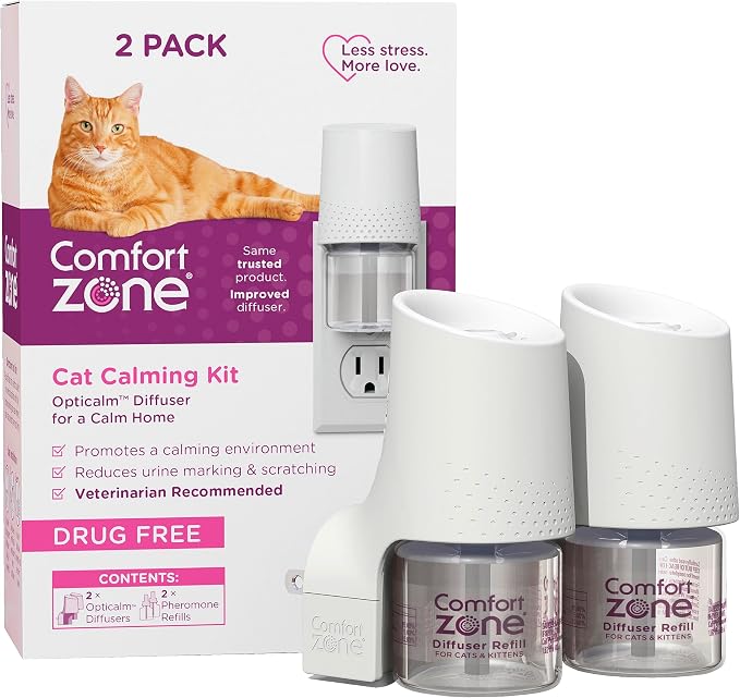 Comfort Zone Cat Calming 2 Room Kit, 2 Diffusers & 2 Refills | Refillable diffuser, Reduces cat stress & urine marking & scratching, drug & fragrance free, expert recommended, 24/7 calming