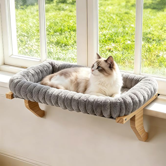 Zoratoo Cloud-Cuddle Cat Perch for Window Sill with Zipper Cushion, M Gray | 21.7’’x18’’, Removable for Machine Wash, Fluffy Plush Bolster, Sturdy Metal Frame for Large Cats up to 40lbs, Easy to Adjust