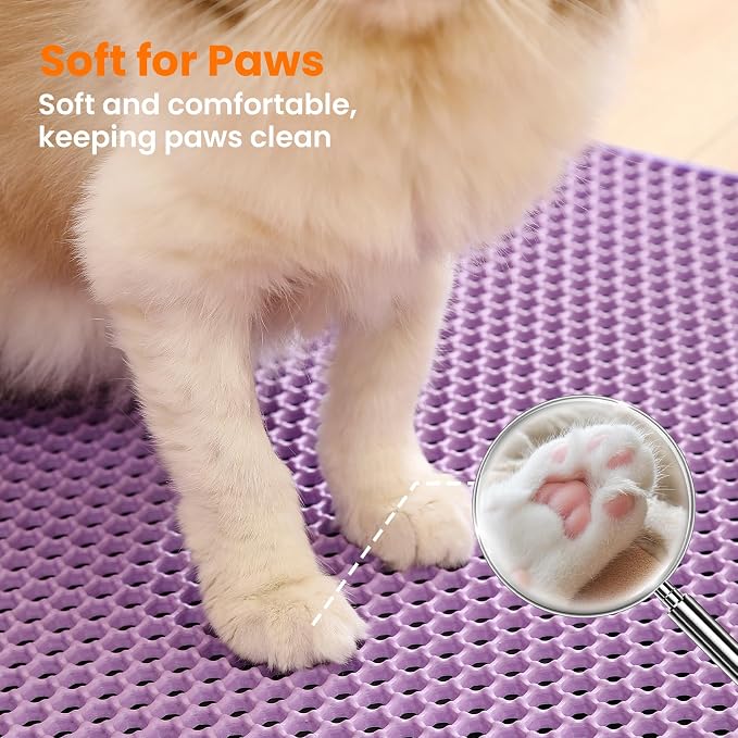 Cat Litter Mat, Double Layer Honeycomb Litter Box Mat | 24x18”, Efficient Litter Trapping, Easy to Clean, Waterproof, Non-Slip, Soft on Paws, Scratch Resistant, Purple, Large