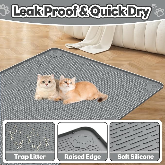Silicone Cat Litter Mat for Litter Box 34”x22” Large Cat Mat, Dark Grey | Waterproof, Non-Slip, Leak-Proof Rug Mat with Lip, Easy to Clean, Extra Large Litter Catcher Mat for Floor