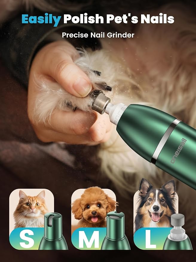 oneisall 4 in 1 Dog Grooming Kit with LCD Display Green | Paw Hair Trimmer & Nail Grinder, Rechargeable, Cordless, Low Noise, IPX7 Waterproof, 3 Speeds Pet Grooming Clippers