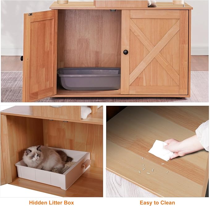 Heybly Cat Tree with Litter Box Enclosure for Indoor Big Cat HCT110WB | Cat Tower for Large Cats 20 lbs Heavy Duty, Modern Cat Condo Furniture with Scratching Posts, Walnut