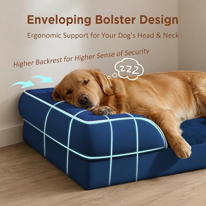 Comfort Expression Orthopedic Dog Bed for Extra Large Dogs with Bolster | Waterproof Dog Couch Bed with Washable Cover & Non-Slip Bottom, Supportive Egg Crate Foam Big Dog Bed, 53x42Inch