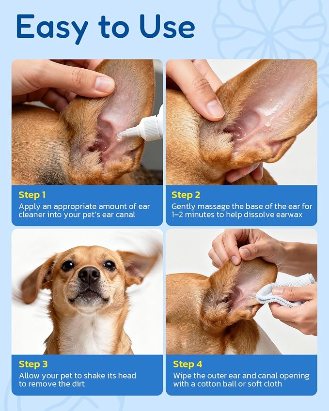 Dog Ear Cleaner - Pet Ear Wash, Flush and Drop Cleaner Solution for Cat & Dog Infection and Itch Relief, Gently Removes Debris, Wax Buildup, Odor - 4 fl oz
