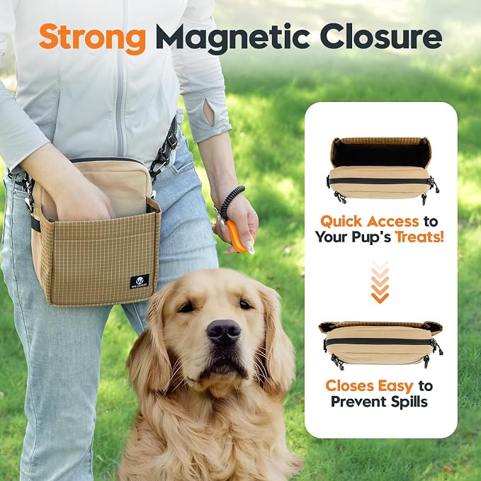 Dog Treat Pouch for Training, Magnetic Dog Walking Bag and Fanny Pack | Large treat pocket with poop bag dispenser, clicker and bowl; hands-free for dog training, walks, park trips and travel