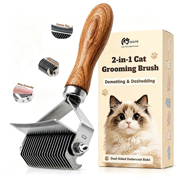Cat Brush for Long Haired Cats, 2-in-1 Dematting Comb & Deshedding Brush for Cats, Dual-Sided Undercoat Rake for Matted Fur, Tangles, Shedding and Loose Hair