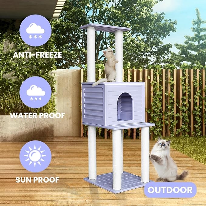 61in Weatherproof Large Cat Condo with Scratch Post for Indoor&Outdoor Cats | Purple Cat Tree Tower with Cat House,Plastic Panels&Durable Polypropylene Scratch Ropes,Suitable for Catio,Deck,Patio CTT-3