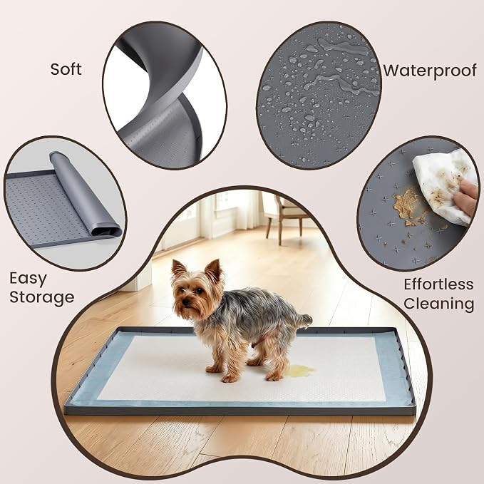 Dog Pee Pad Holder & Cat Litter Mat, L 34'' × 28'', Waterproof Floor Silicone Mat for Pets, Easy to Clean, Soft on Paws (Dark Grey)