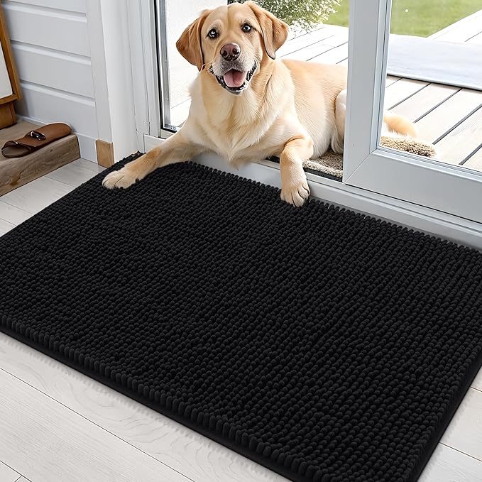 OLANLY Dog Door Mat for Muddy Paws 36x24, Super Absorbent Chenille Mud Mat | Black, Absorbs Moisture and Dirt, Non-Slip Machine Washable Doormat, Quick-Drying Indoor Entryway Floor Carpet for Dogs