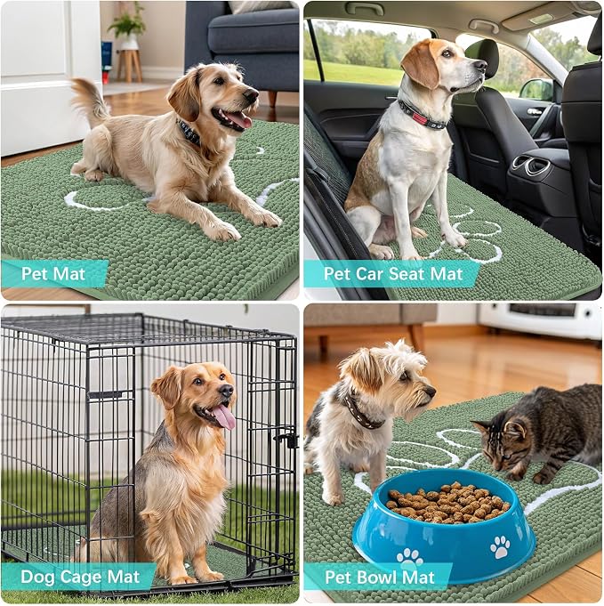 OLANLY Dog Door Mat for Muddy Paws 24x16, Paw Print Design Chenille Mud Mat | Olive Green and White, Absorbent, Traps Moisture and Dirt, Non-Slip Washable Doormat, Indoor Entryway Floor Carpet for Dogs