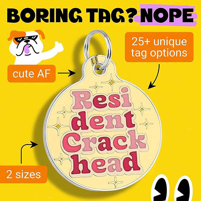 Bad Tags Personalized Dog and Cat ID Tags in 25+ Designs and 2 Sizes - 5 Lines of Custom Engraved Text - Funny Cute Personalized Pet Tags (Resident Crackhead - Yellow, Small (1 inch))