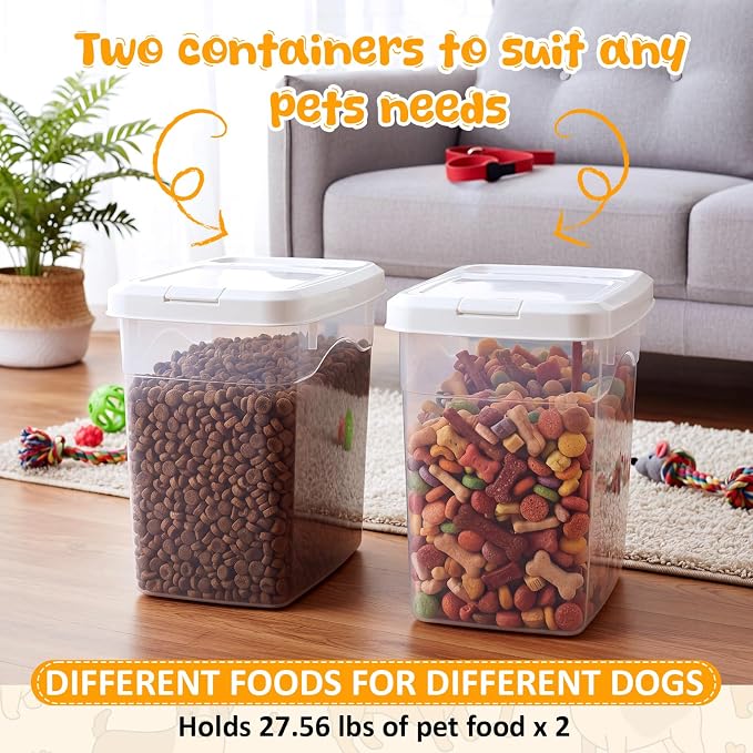 2 Pack 20 Lbs Airtight Dog Food Storage Container with Scoops | 2 Measuring Cups, Flip Lids, Clear Bins with Markings, Preserve Freshness, Pet Dog Cat Rice Grain Treat Storage