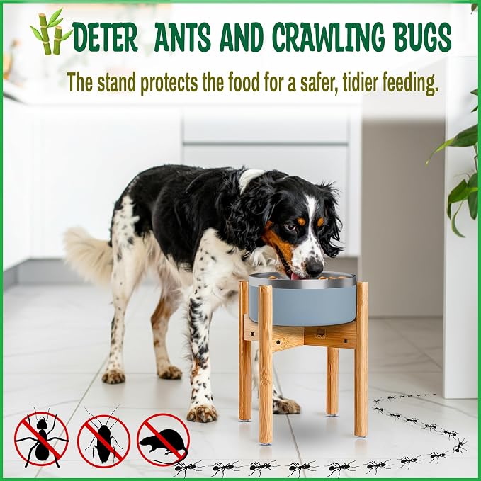 Dog Bowl Stand for Mid-Large Dogs - Adjustable, Easy Fold-Down | Use to Elevate Raise Dog Food, Water and Slow Feeder Bowls, Lock-Bolts and Tool Added, Foot-Padded, Bamboo Stand Only