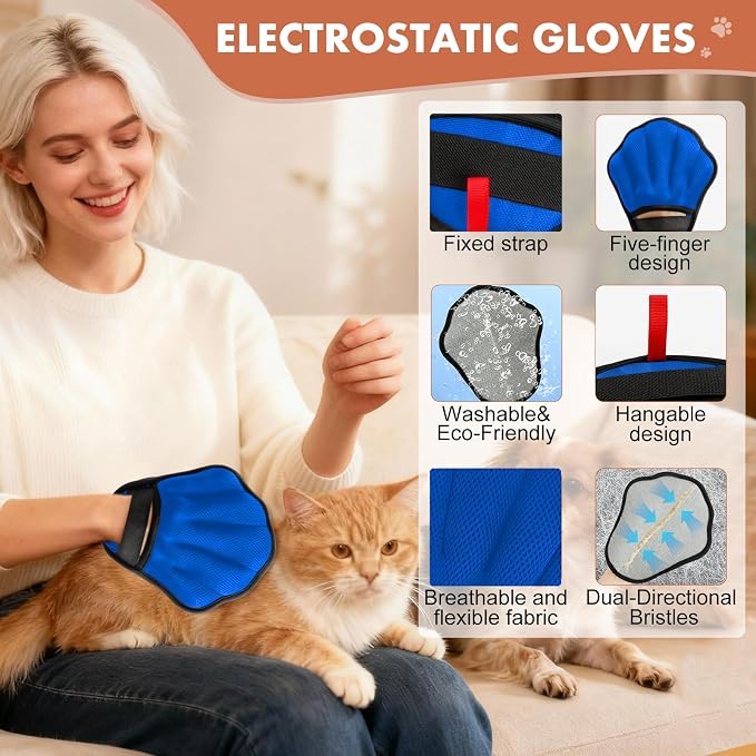 Pet Hair Removal Glove, Electrostatic Pet Hair Remover Glove for Cats & Dogs, Hair Remover Tools for Couch, Carpet, Clothing, Car Seat - Upgraded Five-Finger, Reusable，MediumBlue+Darkgrey