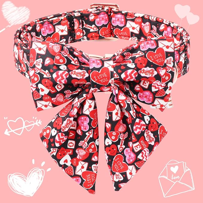 DOGWONG Valentine's Day Dog Collar-Cute Red Heart Dog Collar with Sailor Bowtie, Comfortable Girl Dog Collars with Metal Buckle,S