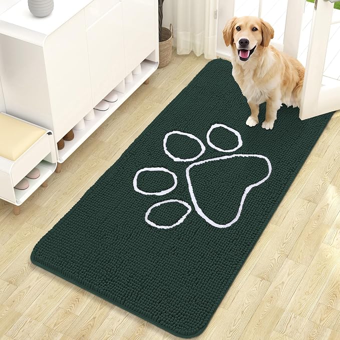 OLANLY Dog Door Mat for Muddy Paws 47x24, Paw Print Design Chenille Mud Mat | Blackish Green, Absorbent, Traps Moisture and Dirt, Non-Slip Washable Doormat, Quick-Dry Indoor Entryway Carpet for Dogs