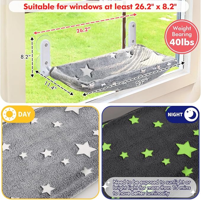 Zoratoo 2PC Glowing Star Cat Window Perch, Foldable Cordless Pet Hammock, M | Glow in the Dark Fabric, Sturdy Metal Frame, Removable for Machine Wash,Comfortable Sunken Design Resting Seat for Indoor Cat