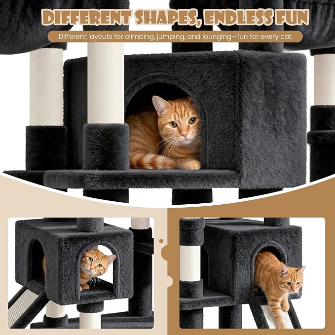 Sha Cerlin 87 in Multi-Level Tall Cat Tree Tower for Large Cats/Extra Wide Feline Activity Center/Sisal Scratching Posts/Wide Base/Cozy Plush Perches/Baskets/Hammocks/Toy Balls/Dark Grey