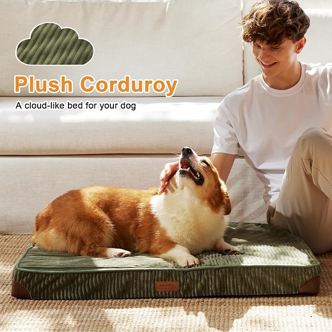 FUKUMARU Large Dog Bed, Thickened Waterproof Dog Mat with Washable Cover | Corduroy Orthopedic Dog Bed for Crate, 28D Egg Crate Foam Support Pet Mat, Cozy Flat Dog Pad with Anti-Slip Bottom, Green