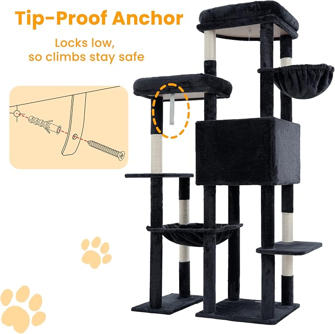 65" Cat Tree Tower, Anti-Tip Cat Condo for Indoor Cats VCT012G | Cat Furniture with Extra Wide Baseboard & Large Perch, 2 Hammocks, Cozy Condo, 7 Sisal Scratching Posts, Smoky Gray